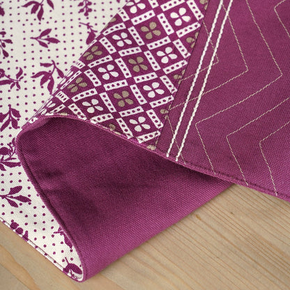 Maroon Dominoterie Floral & Geometric Print Table Runner with Patchwork Border | 100% Cotton