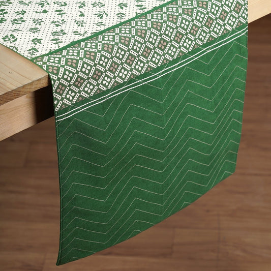 Elegant Green Cotton Table Runner with Geometric Floral Patchwork