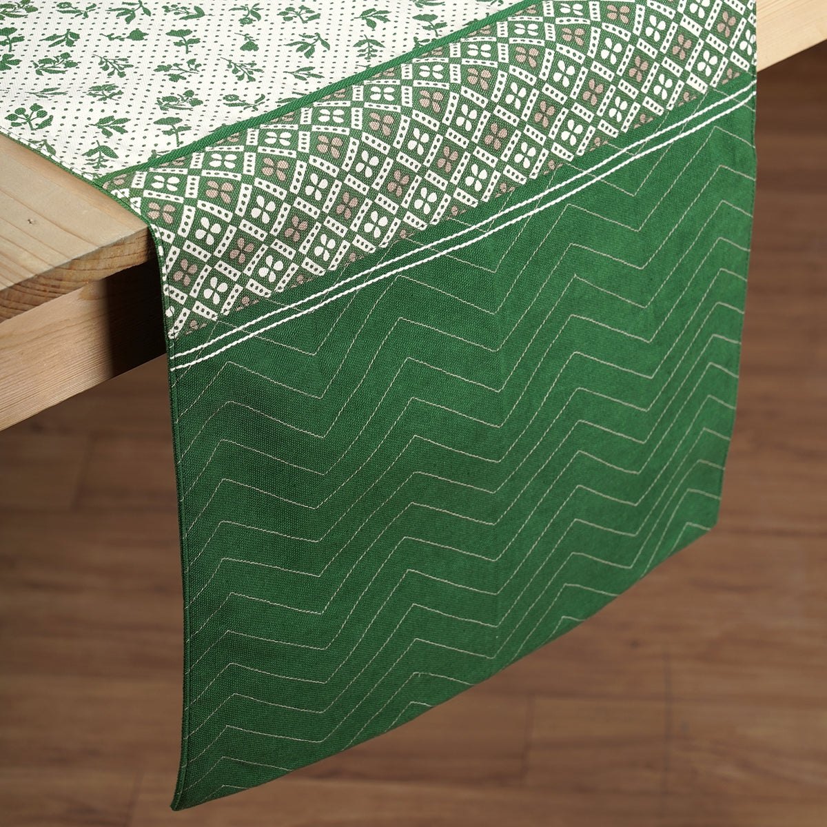 Green Dominoterie Floral & Geometric Print Table Runner with Patchwork Border | 100% Cotton