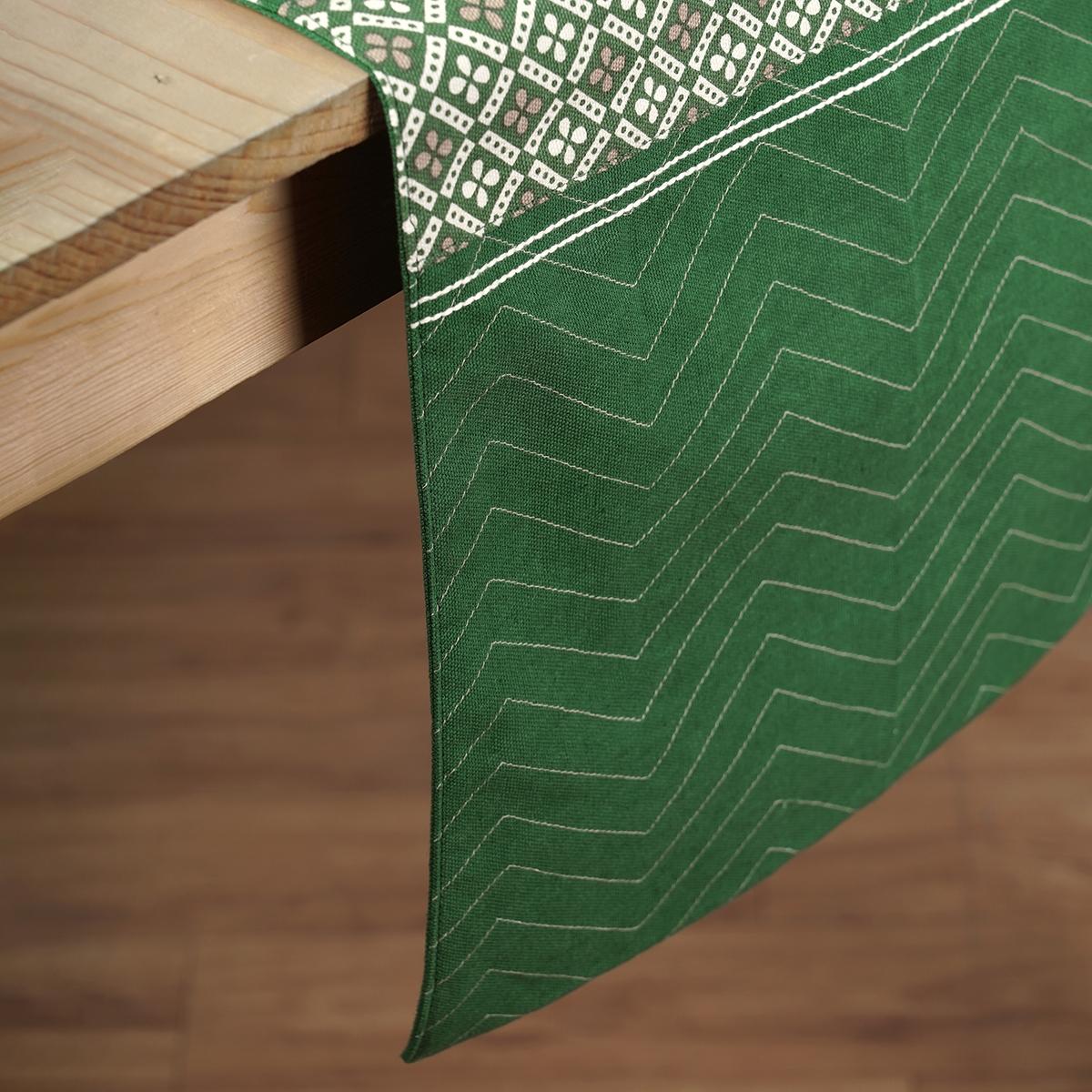 Green Dominoterie Floral & Geometric Print Table Runner with Patchwork Border | 100% Cotton