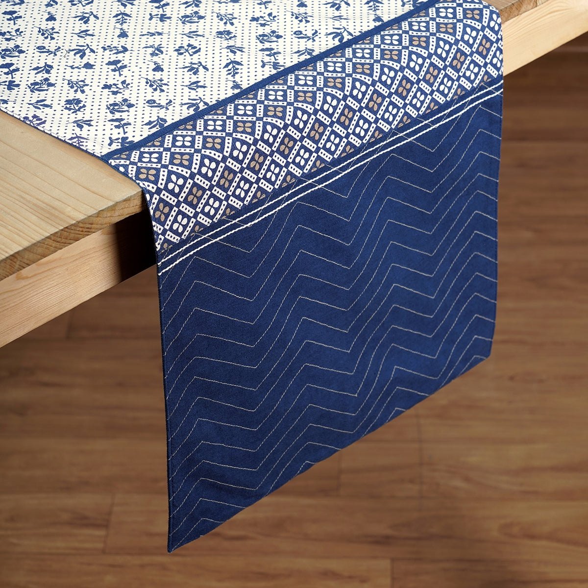 Indigo Blue Dominoterie Floral & Geometric Print Table Runner with Patchwork Border | 100% Cotton