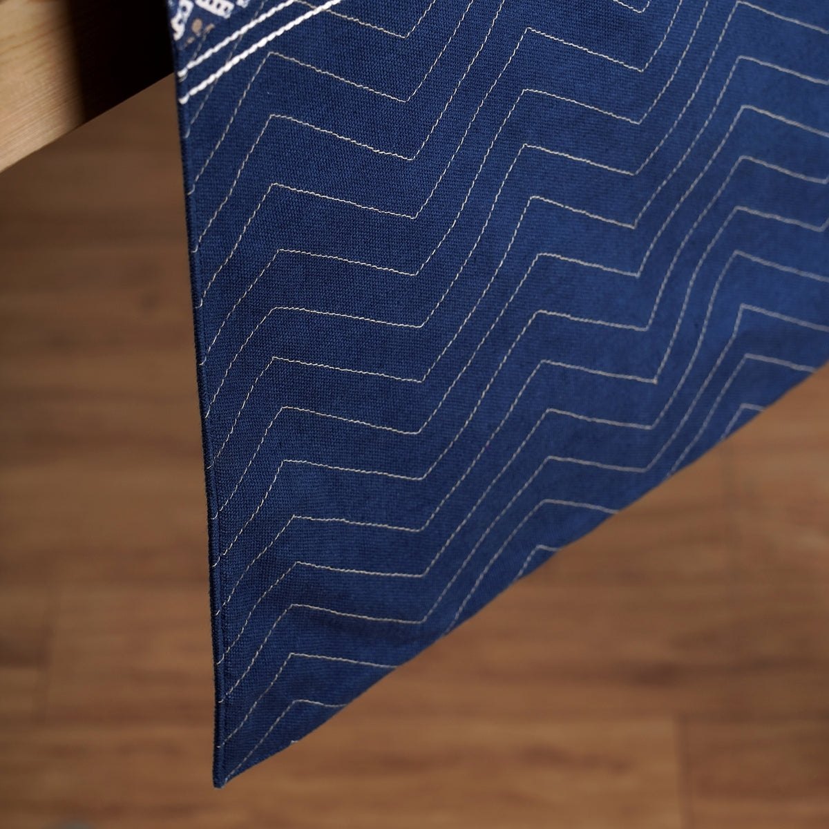 Indigo Blue Dominoterie Floral & Geometric Print Table Runner with Patchwork Border | 100% Cotton