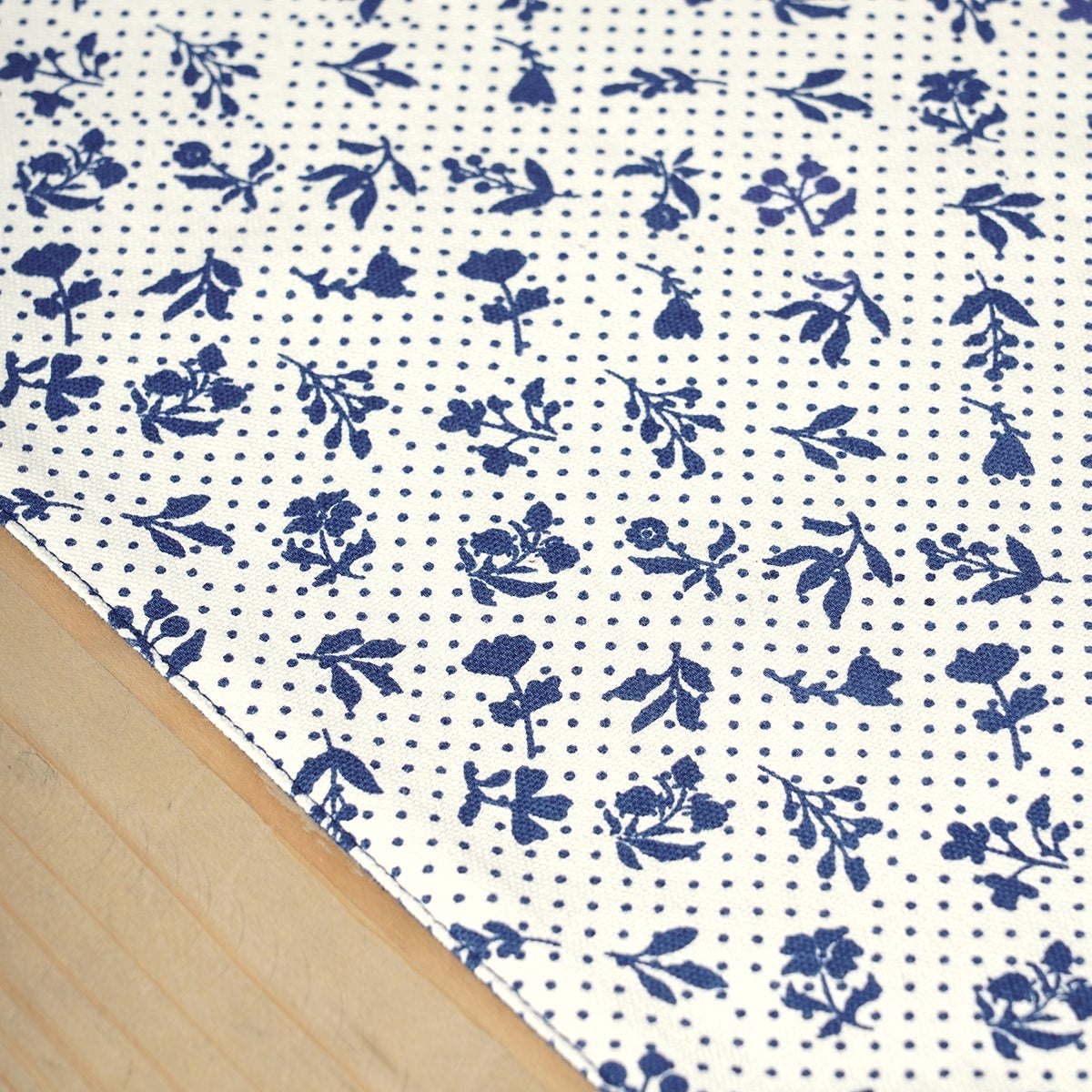 Indigo Blue Dominoterie Floral & Geometric Print Table Runner with Patchwork Border | 100% Cotton
