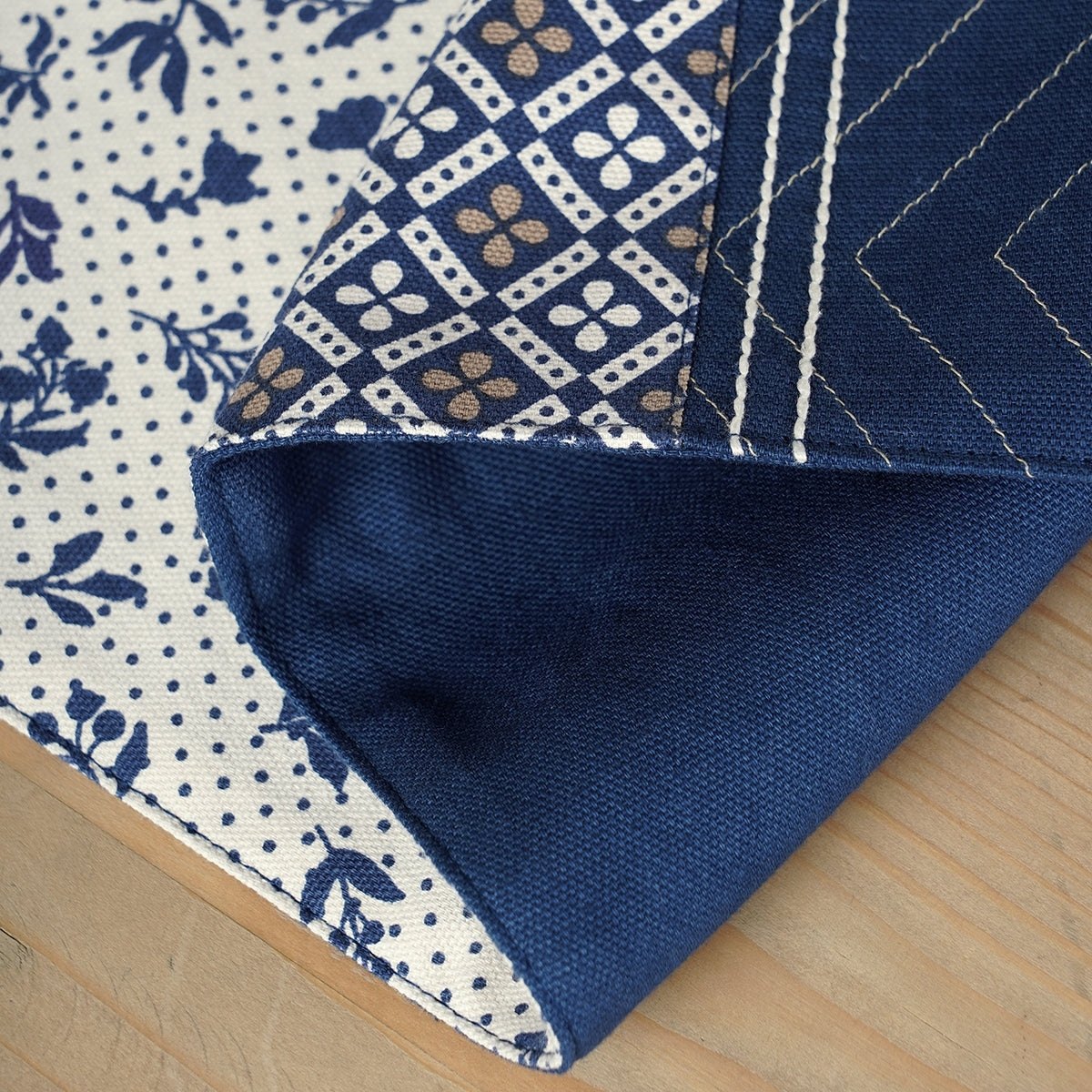 Indigo Blue Dominoterie Floral & Geometric Print Table Runner with Patchwork Border | 100% Cotton