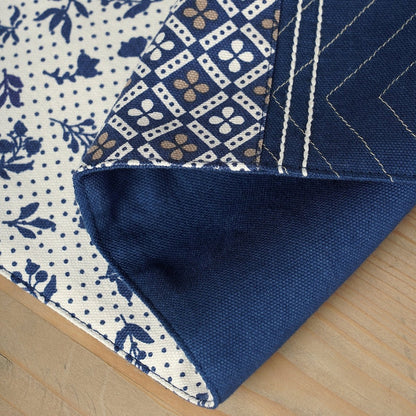 Indigo Blue Dominoterie Floral & Geometric Print Table Runner with Patchwork Border | 100% Cotton