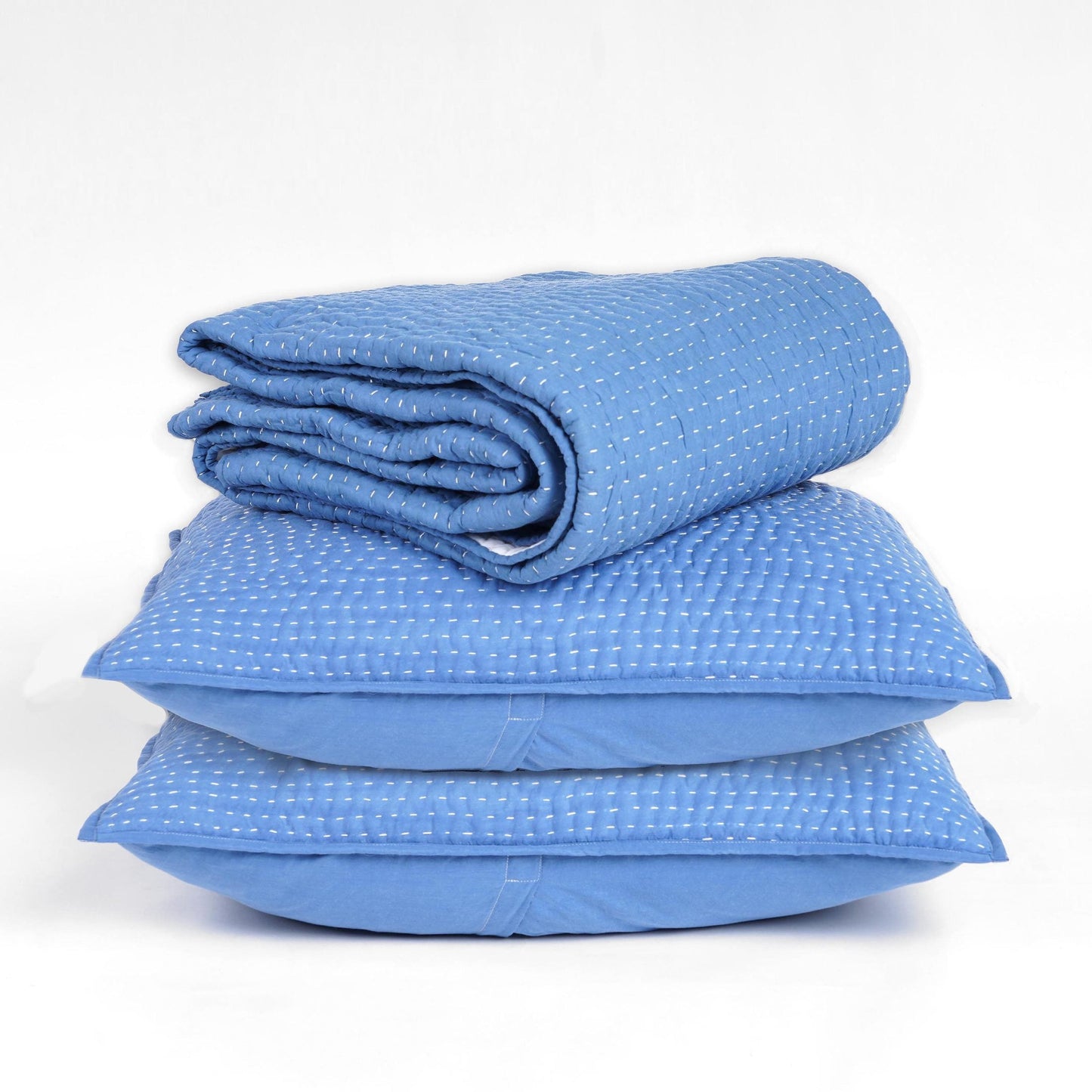 Denim Blue Stonewashed Kantha Quilted Bed Set with Pillow Cases