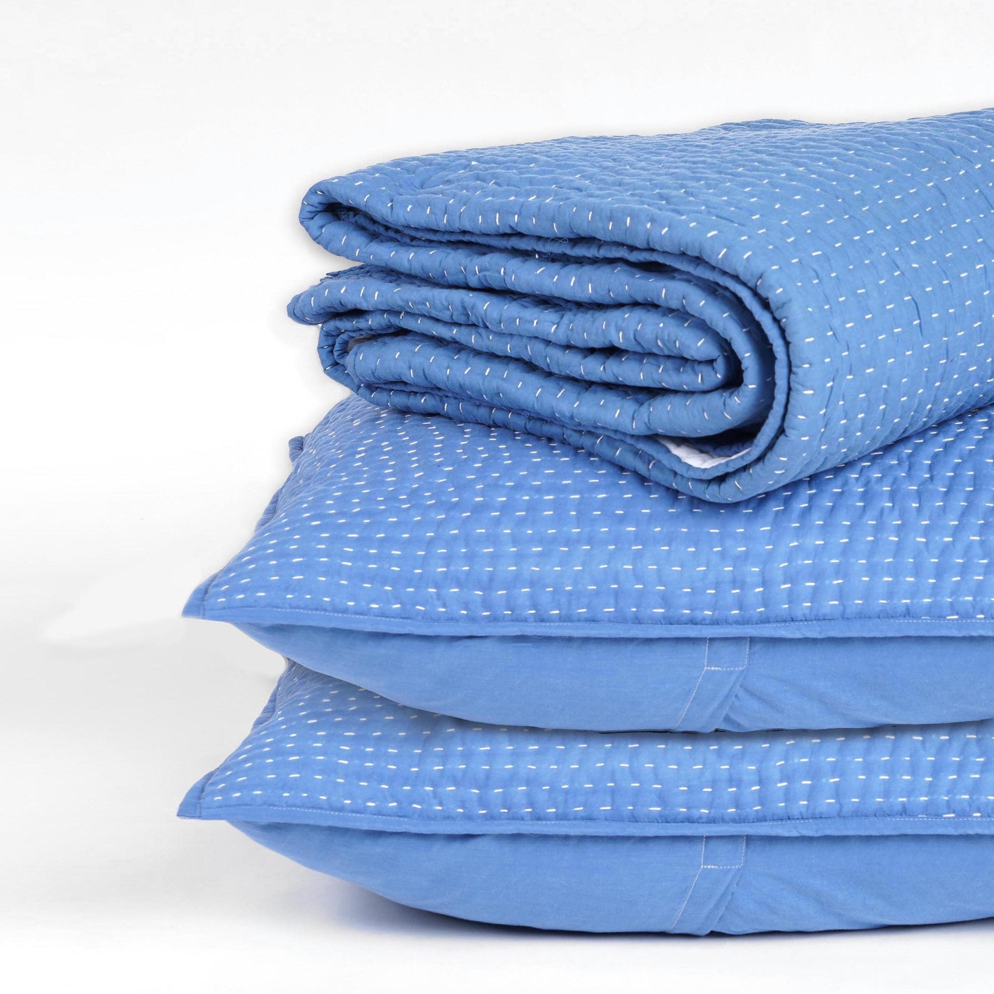 Denim Blue Stonewashed Kantha Quilted Bed Set with Pillow Cases