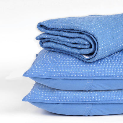 Denim Blue Stonewashed Kantha Quilted Bed Set with Pillow Cases