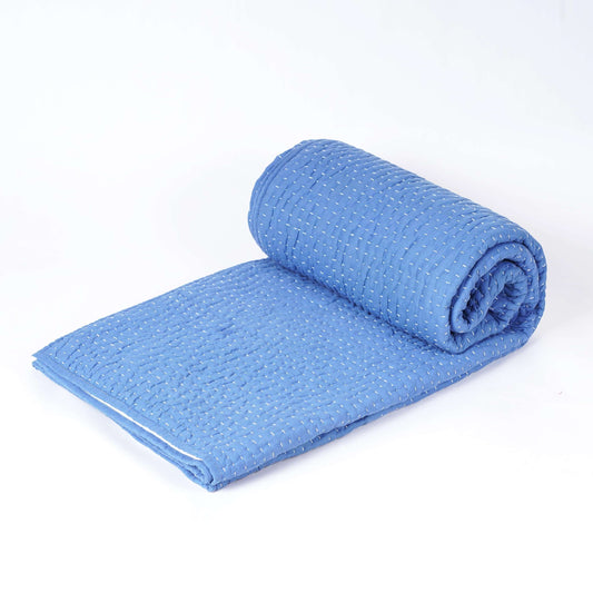 Denim Blue Stonewashed Kantha Quilt – 100% Cotton Twin/Queen/King