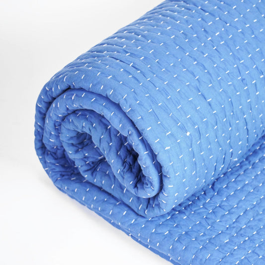 Denim Blue Stonewashed Hand‑Quilted Kantha Bedspread – Twin, Queen, King