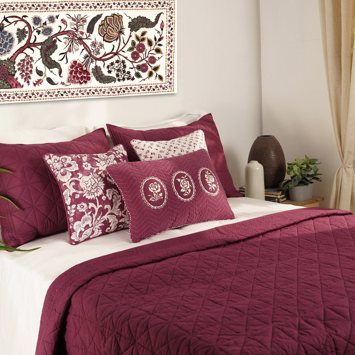 Plum Hand-Quilted Cotton Voile Quilt | Diamond Pattern | Twin, Queen & King Sizes