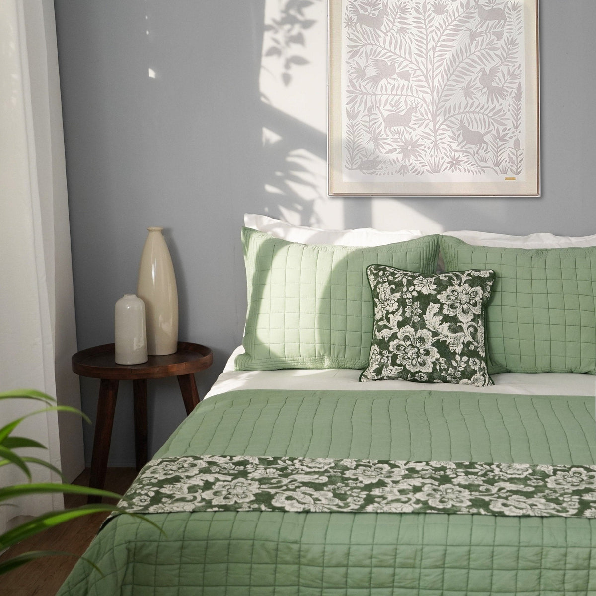 Sage Green Hand-Quilted Cotton Voile Quilt | Check Pattern | Twin, Queen & King Sizes