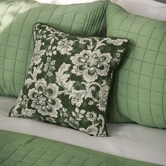 Green DOMINOTERIE Bold Floral Print Cotton Pillow Cover