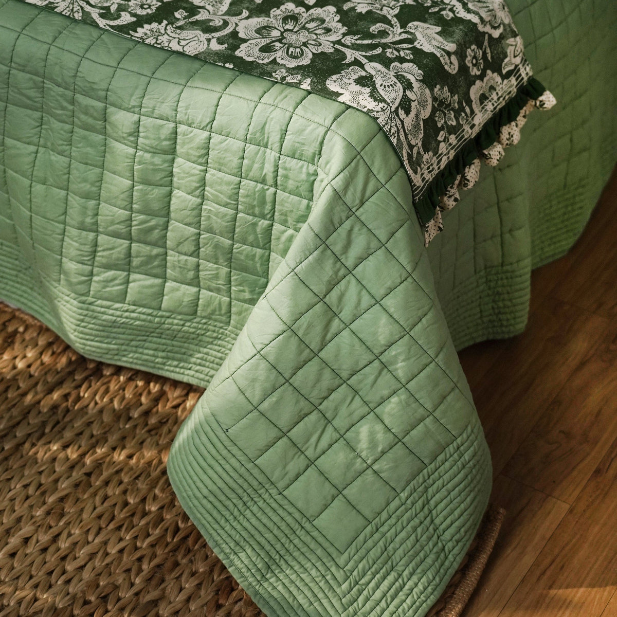 Sage Green Kantha Quilt Bed Set | Check Pattern with Striped Border | Cotton Voile | Handmade