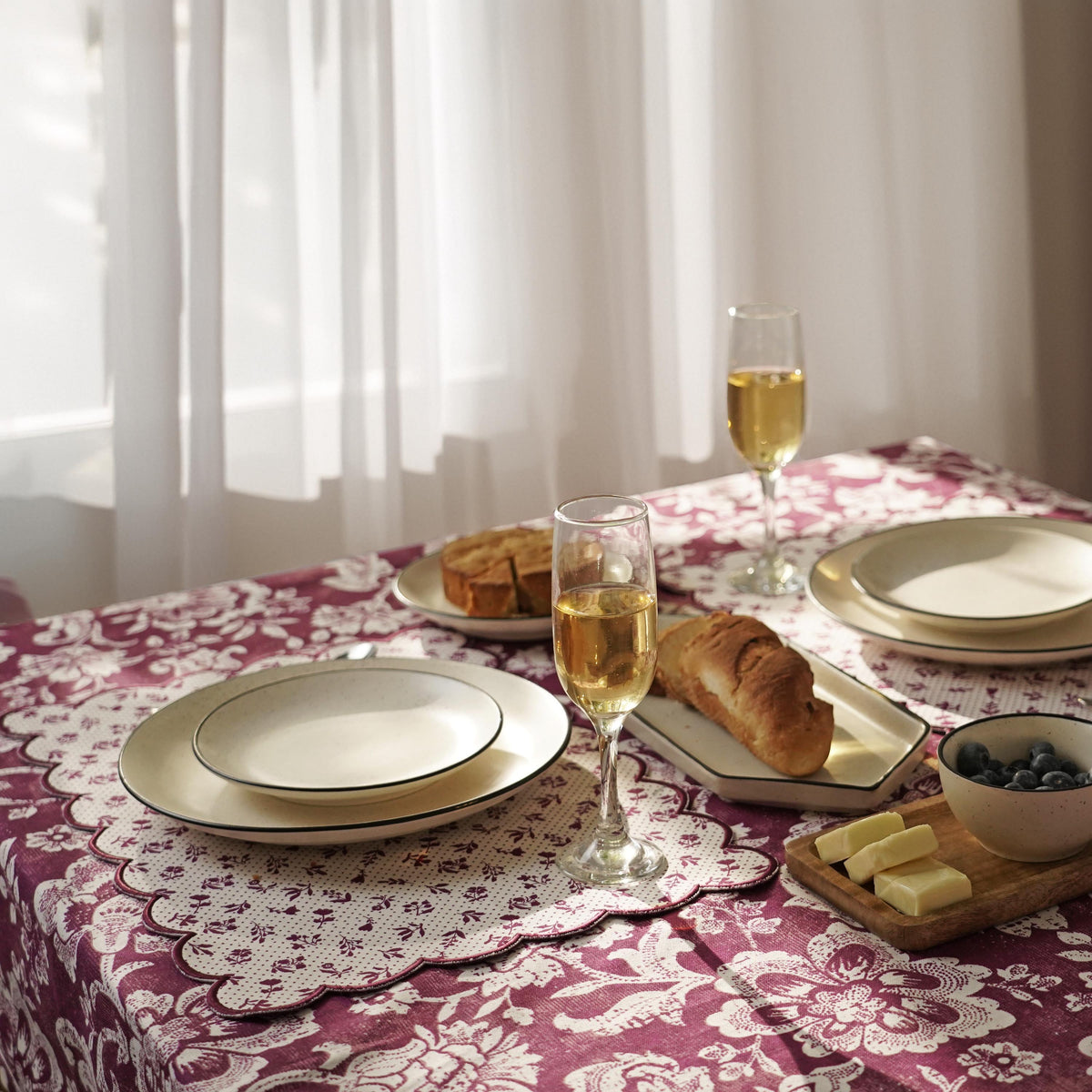 Plum Dominoterie Bold Floral Print Cotton Tablecloth | Round, 4-Seater & 6-Seater Sizes