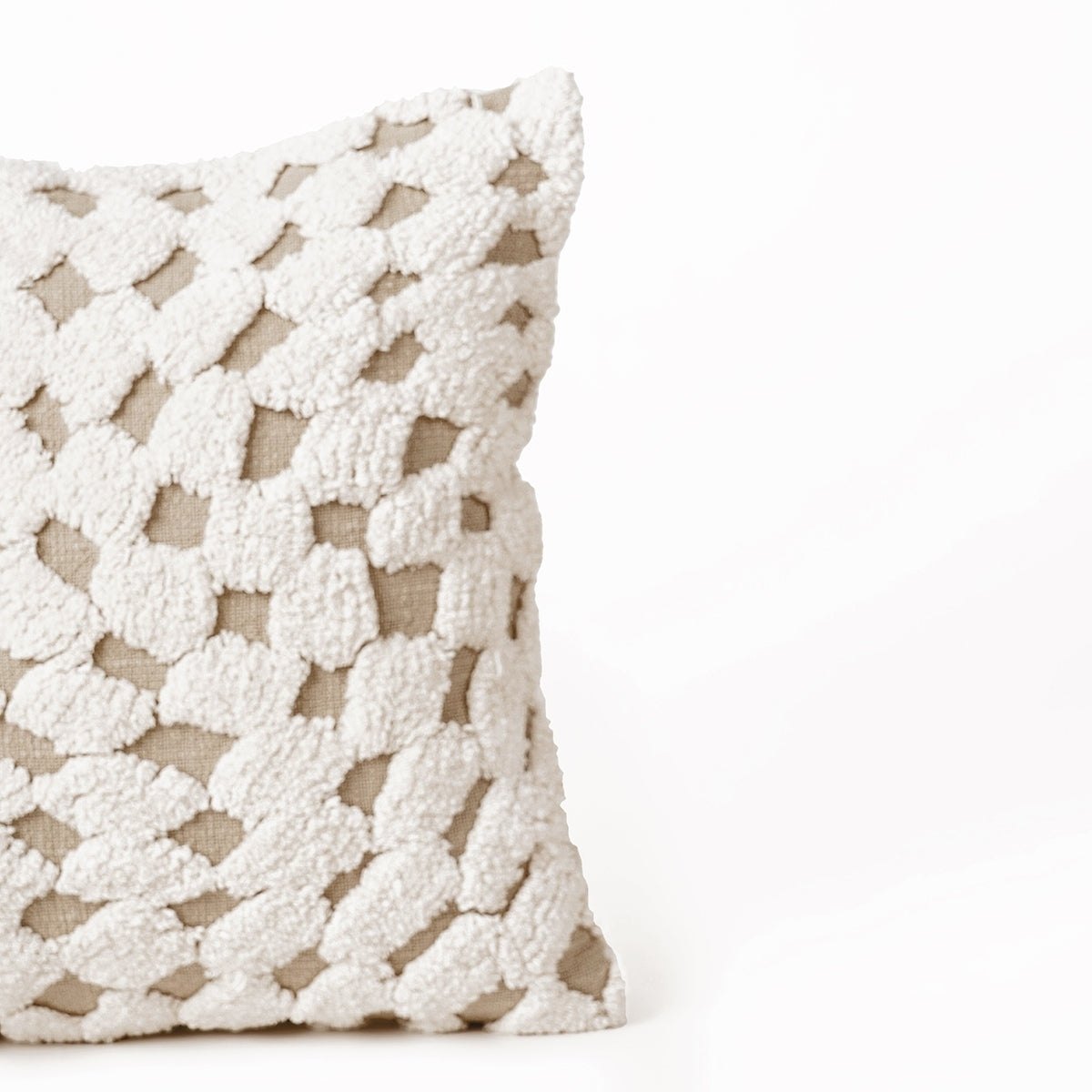 Zulu Checkered Off White & Beige Tufted Throw Pillow Cover | 18×18 Inches | Slub Cotton