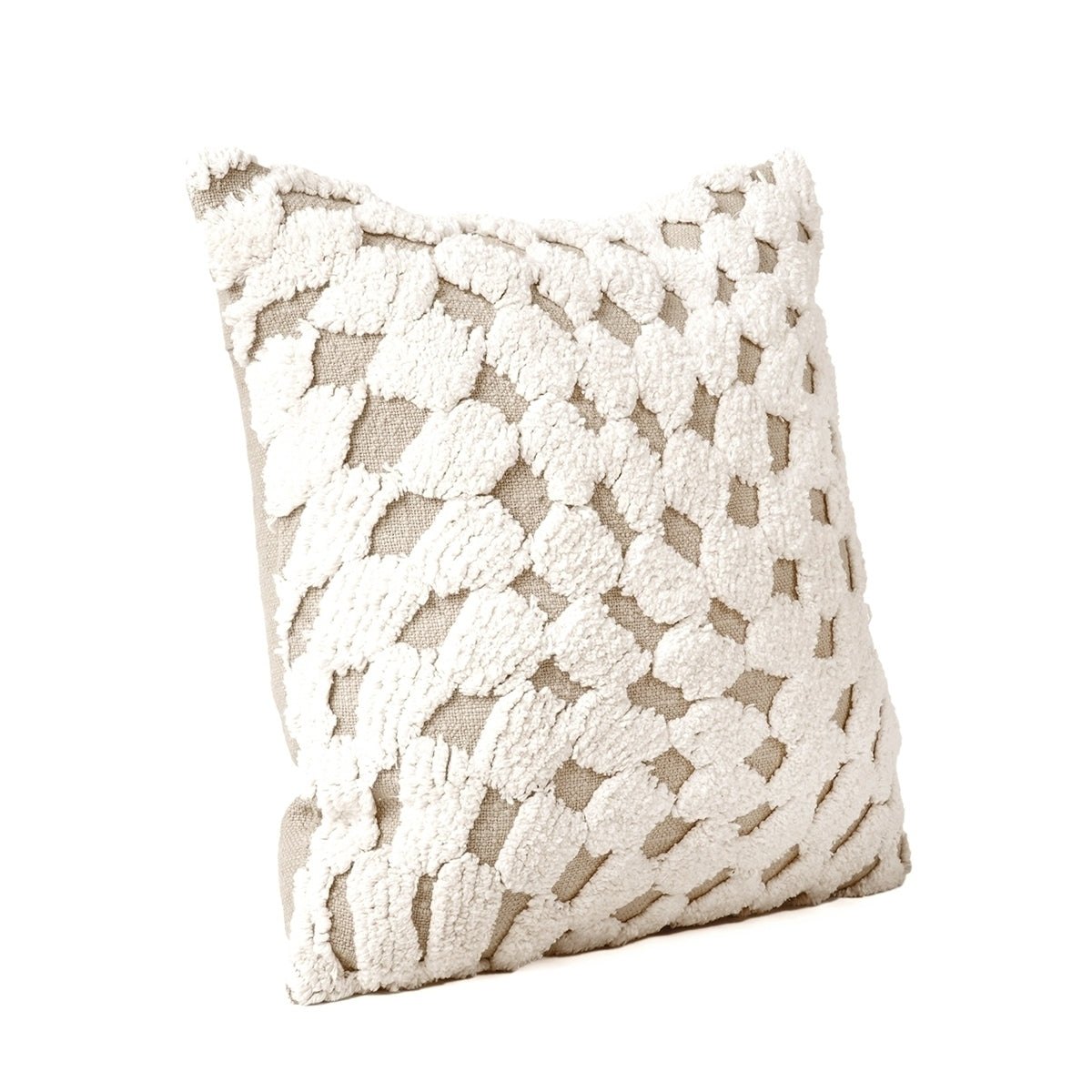 Zulu Checkered Off White & Beige Tufted Throw Pillow Cover | 18×18 Inches | Slub Cotton