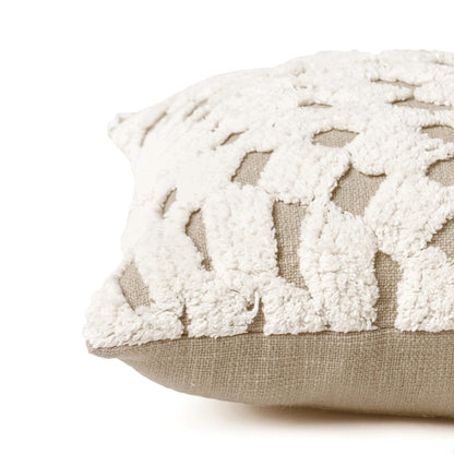 Zulu Checkered Off White & Beige Tufted Throw Pillow Cover | 18×18 Inches | Slub Cotton