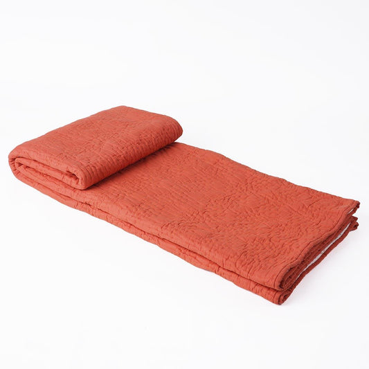 Rust Hand Quilted Cotton Throw Blanket with Chevron Zigzag Pattern