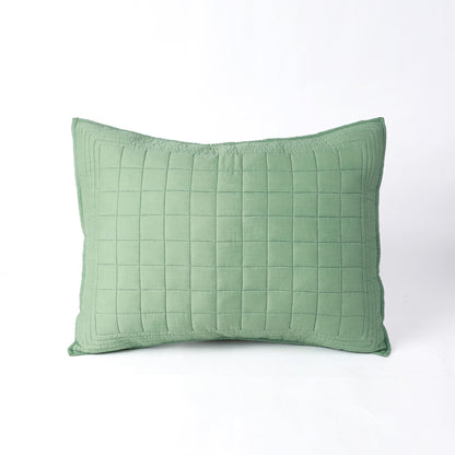 Sage Green Kantha Quilt Bed Set | Check Pattern with Striped Border | Cotton Voile | Handmade