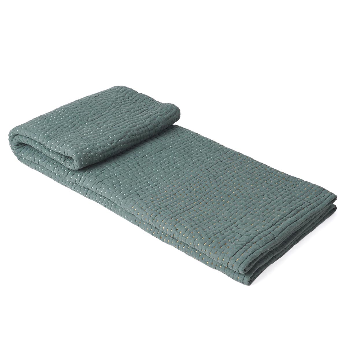 Olive Muslin Gauze Hand Quilted Kantha Throw Blanket | Stripe Quilting | 100% Cotton | 50×60 Inches