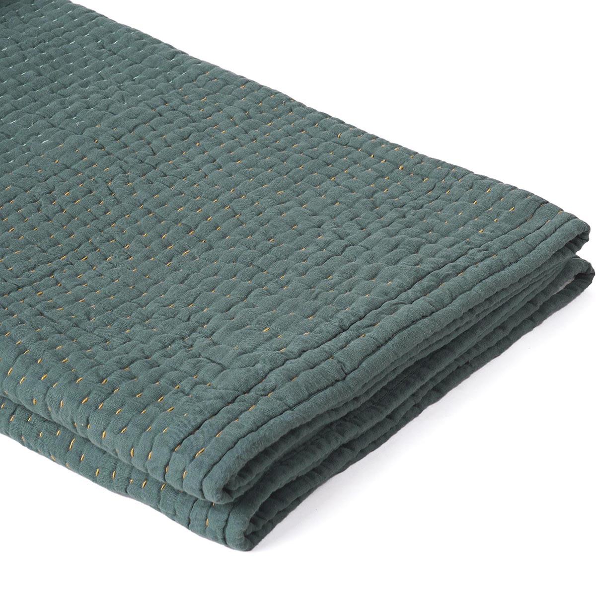 Olive Muslin Gauze Hand Quilted Kantha Throw Blanket | Stripe Quilting | 100% Cotton | 50×60 Inches