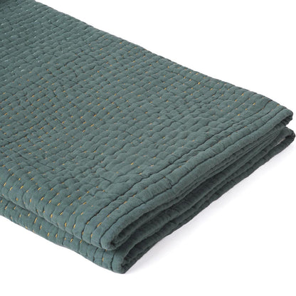 Olive Muslin Gauze Hand Quilted Kantha Throw Blanket | Stripe Quilting | 100% Cotton | 50×60 Inches
