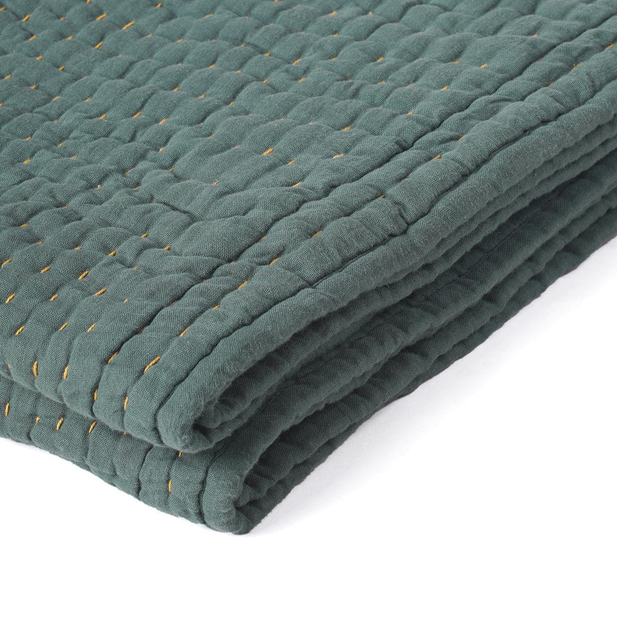 Olive Muslin Gauze Hand Quilted Kantha Throw Blanket | Stripe Quilting | 100% Cotton | 50×60 Inches