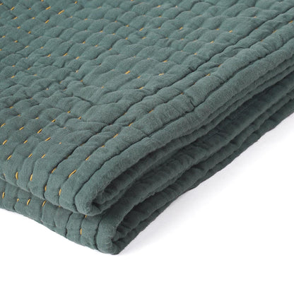 Olive Muslin Gauze Hand Quilted Kantha Throw Blanket | Stripe Quilting | 100% Cotton | 50×60 Inches