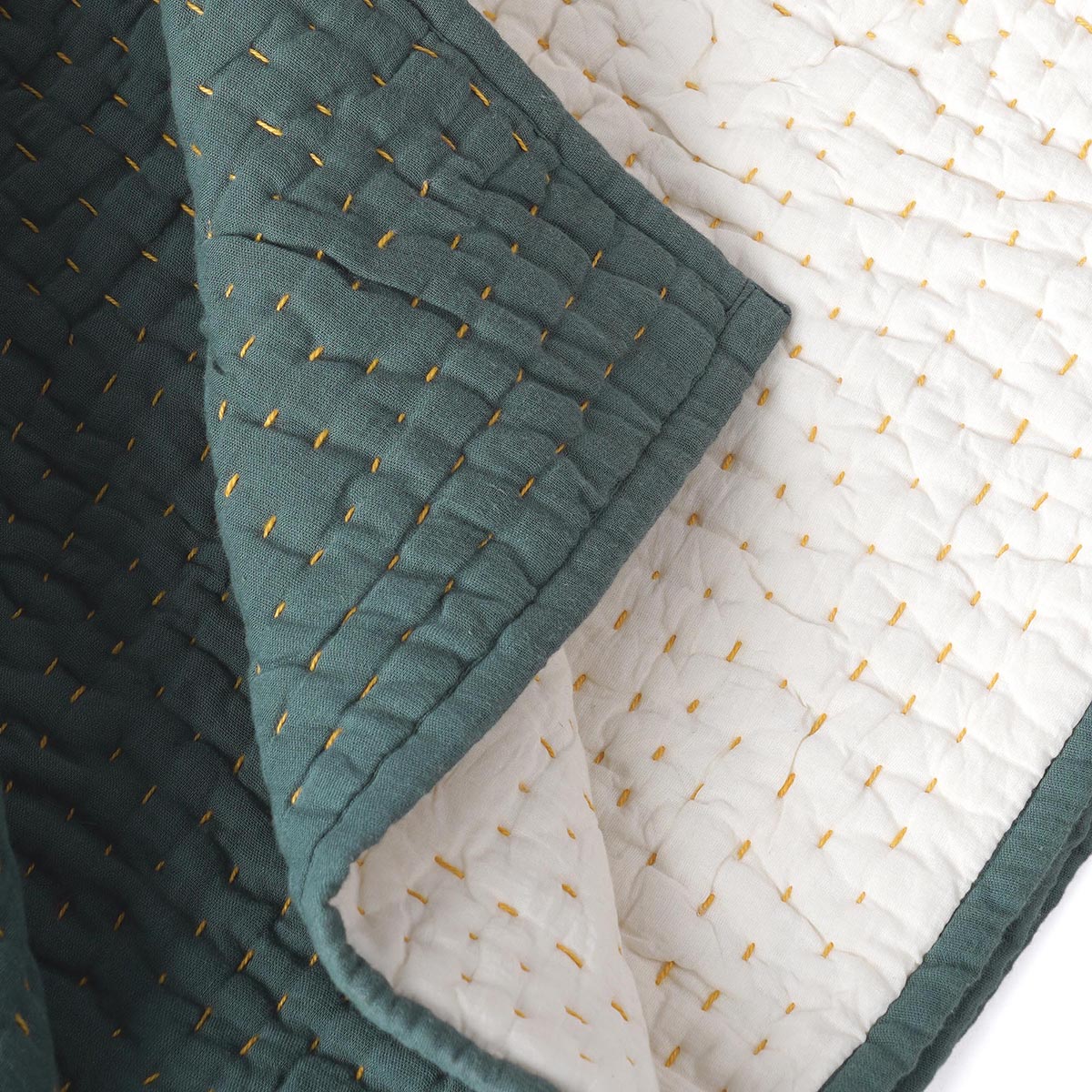 Olive Muslin Gauze Hand Quilted Kantha Throw Blanket | Stripe Quilting | 100% Cotton | 50×60 Inches