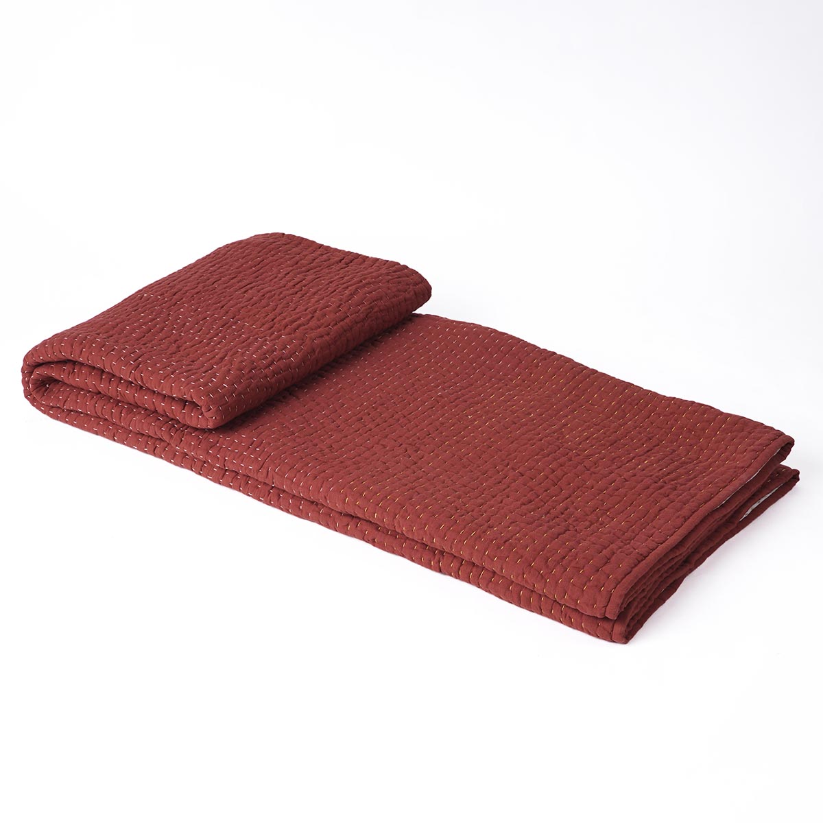Terracotta Muslin Gauze Hand Quilted Kantha Throw Blanket | Stripe Quilting | 100% Cotton | 50×60 Inches