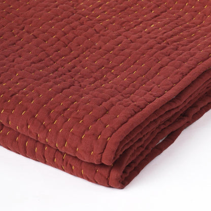 Terracotta Muslin Gauze Hand Quilted Kantha Throw Blanket | Stripe Quilting | 100% Cotton | 50×60 Inches