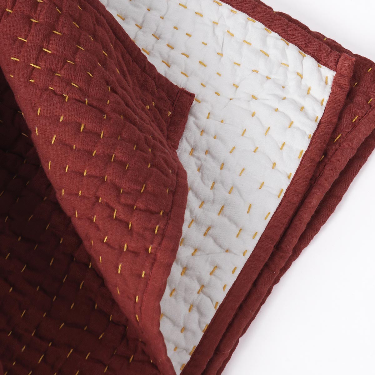 Terracotta Muslin Gauze Hand Quilted Kantha Throw Blanket | Stripe Quilting | 100% Cotton | 50×60 Inches