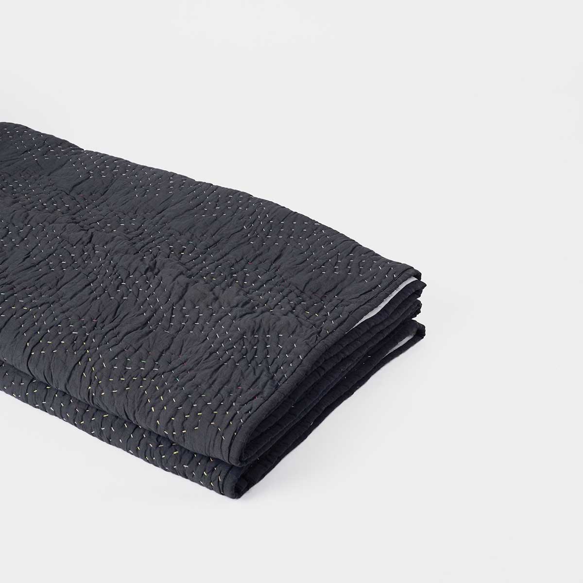 Black Hand Quilted Kantha Throw Blanket | Chevron Zig-Zag Pattern | 100% Cotton | 50×60 Inches