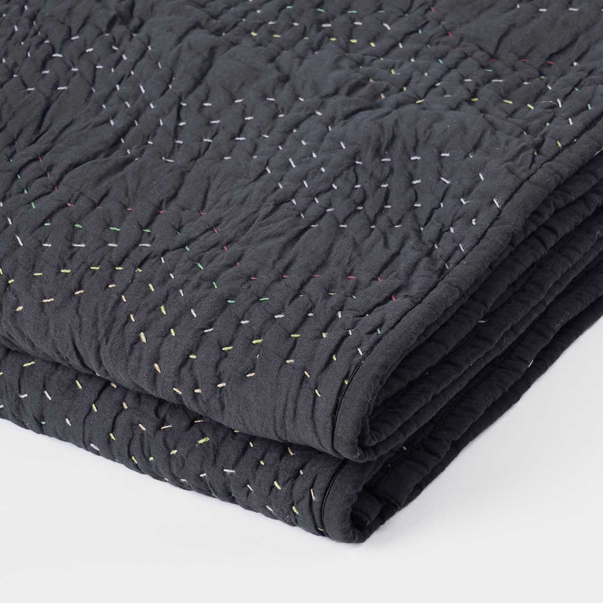 Black Hand Quilted Kantha Throw Blanket | Chevron Zig-Zag Pattern | 100% Cotton | 50×60 Inches