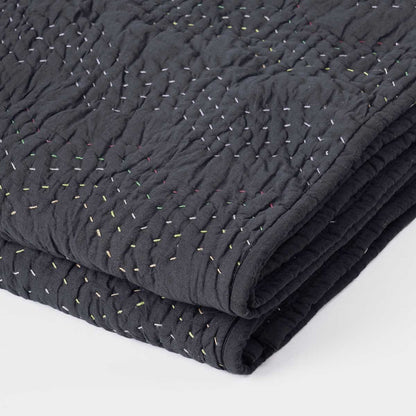Black Hand Quilted Kantha Throw Blanket | Chevron Zig-Zag Pattern | 100% Cotton | 50×60 Inches