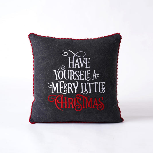 Charcoal Red Embroidered Christmas Pillow Cover – Stonewashed Cotton