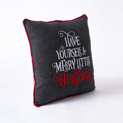 Charcoal Red Embroidered Christmas Pillow Cover – Stonewashed Cotton