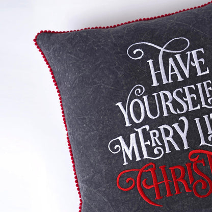 Charcoal Red Embroidered Christmas Pillow Cover – Stonewashed Cotton