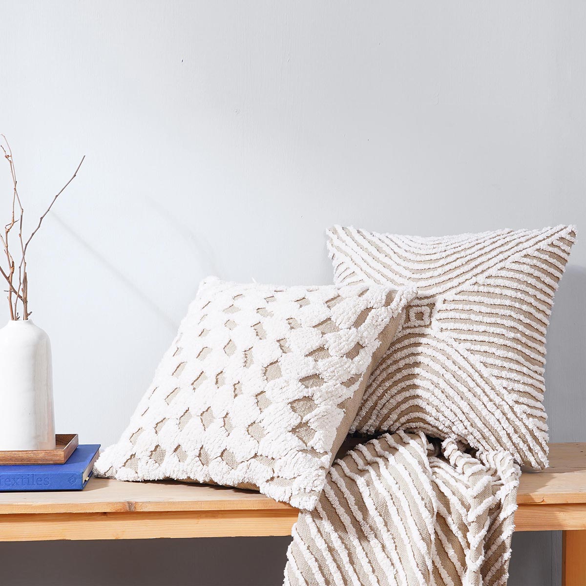 Zulu Off White & Beige Tufted Throw Pillow Cover | 18×18 Inches | Slub Cotton