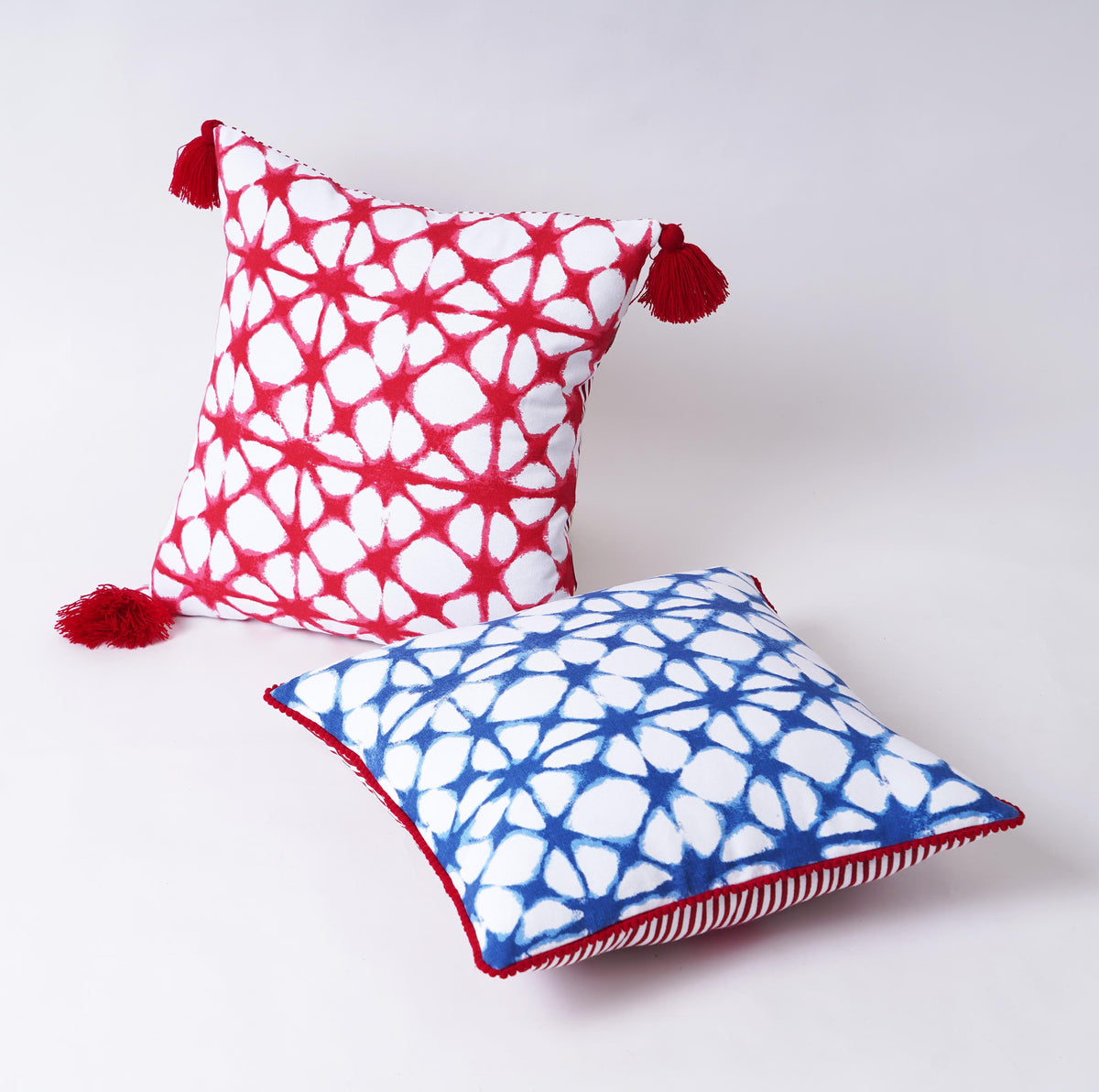 Blue & White Tie Dye Prism Print Cushion Cover with Red Trim | Multiple Sizes