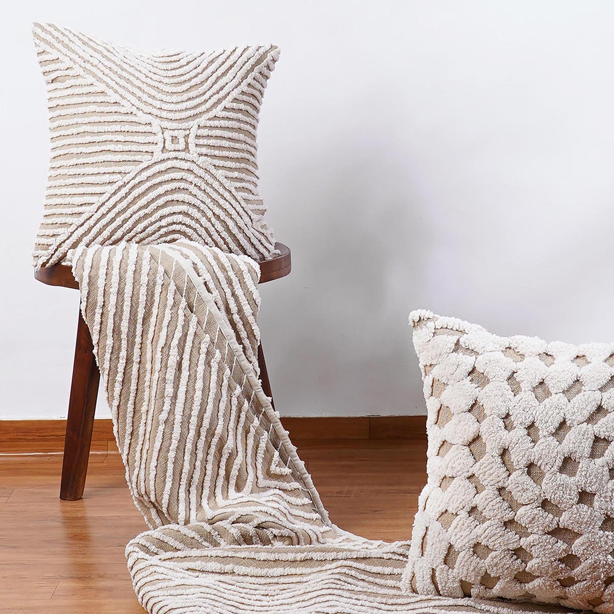 Zulu Off White & Beige Tufted Throw Pillow Cover | 18×18 Inches | Slub Cotton