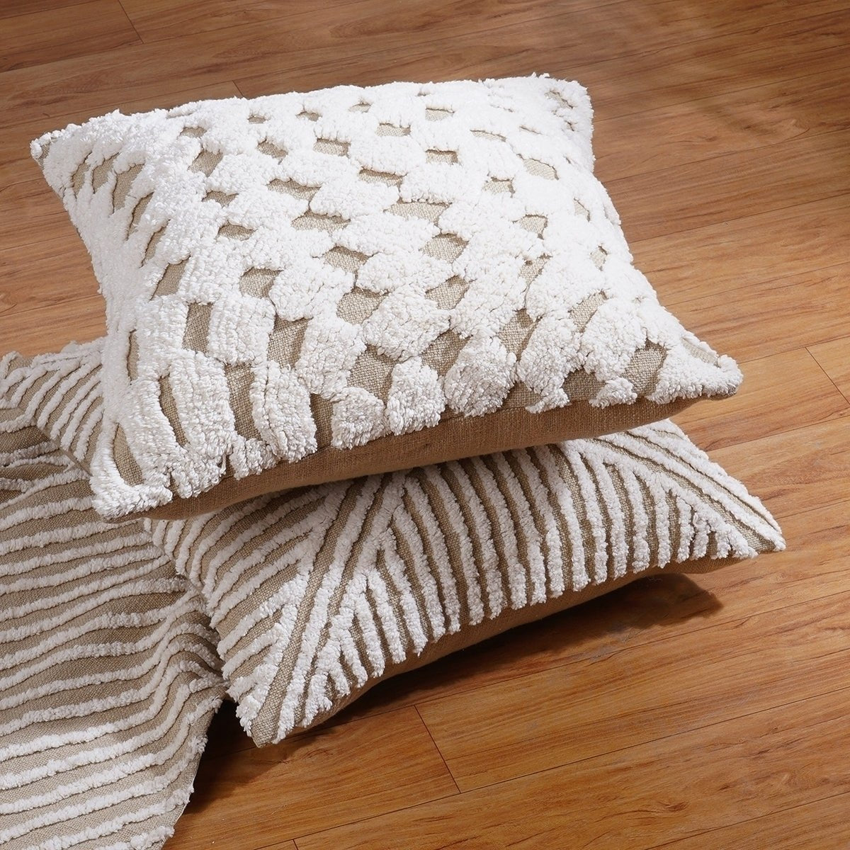 Zulu Checkered Off White & Beige Tufted Throw Pillow Cover | 18×18 Inches | Slub Cotton