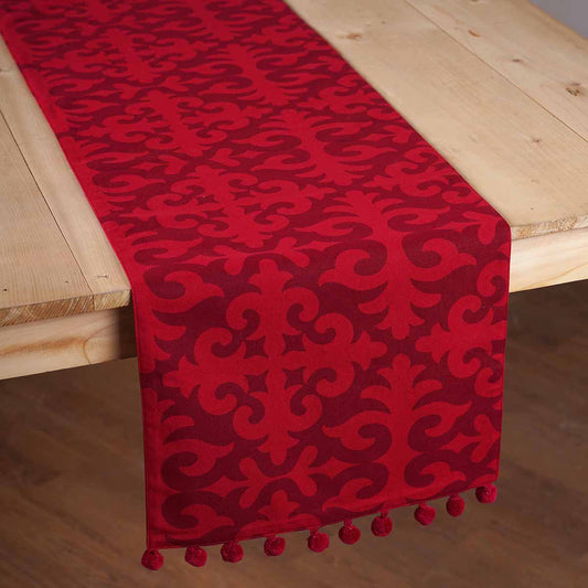 Festive Red Moroccan Cotton Table Runner with Pompoms
