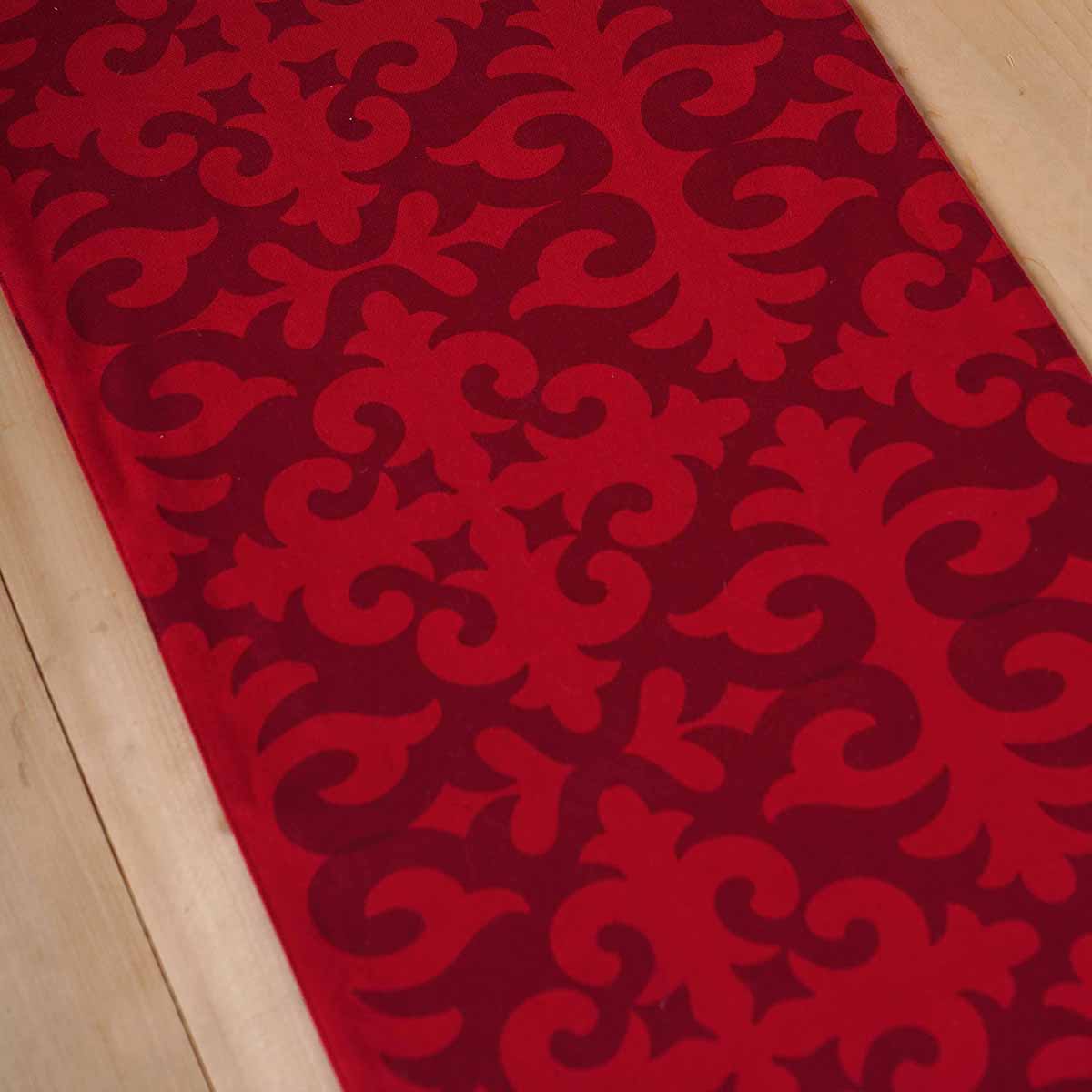 Christmas Table Runner | Red Shyrdak Pattern Print with Pompoms | Cotton