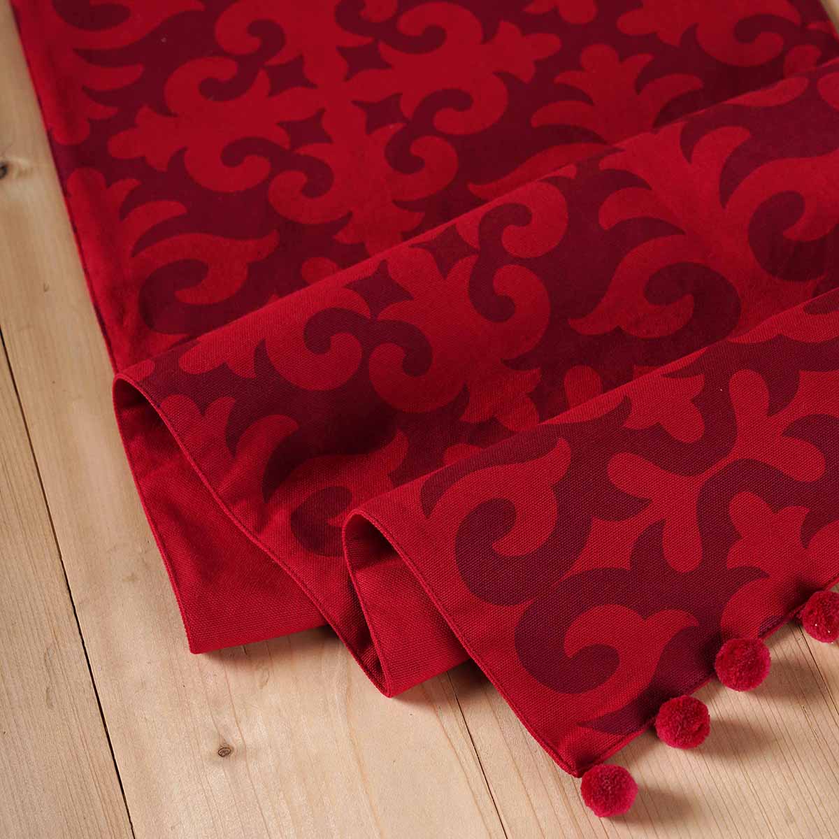 Christmas Table Runner | Red Shyrdak Pattern Print with Pompoms | Cotton