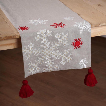Elegant Linen Christmas Table Runner with Snowflake Embroidery – Multiple Sizes