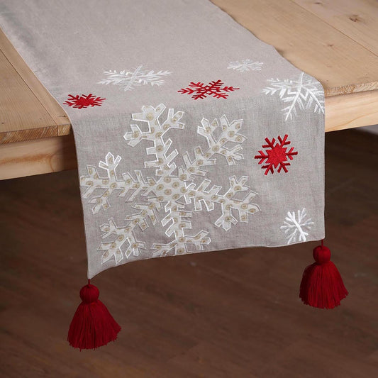 Linen Christmas Table Runner – Snowflake Embroidery & Brocade Appliqué