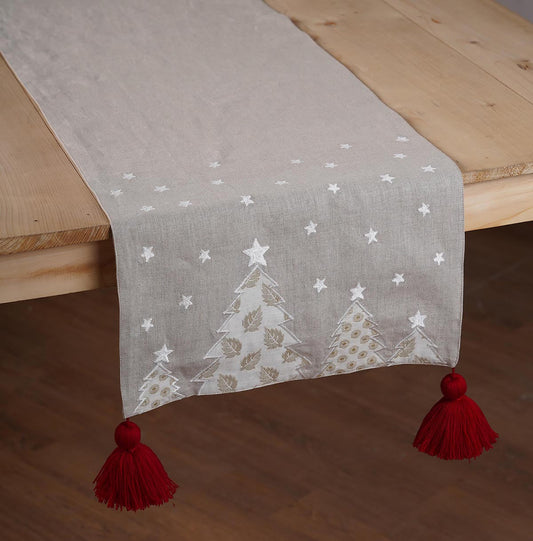 Christmas Table Runner | Linen with Brocade Appliqué, Embroidery & Tassel Corners