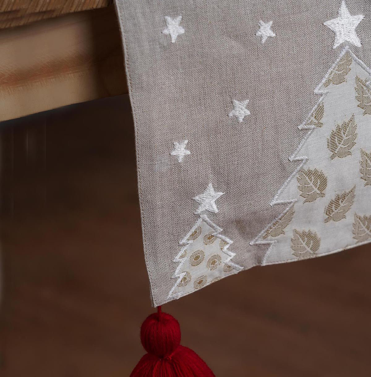 Christmas Table Runner | Linen with Brocade Appliqué, Embroidery & Tassel Corners